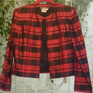 Maggie L. Red Black Plaid Short Jacket, S, Gorgeous Black Beads, 100% Silk
